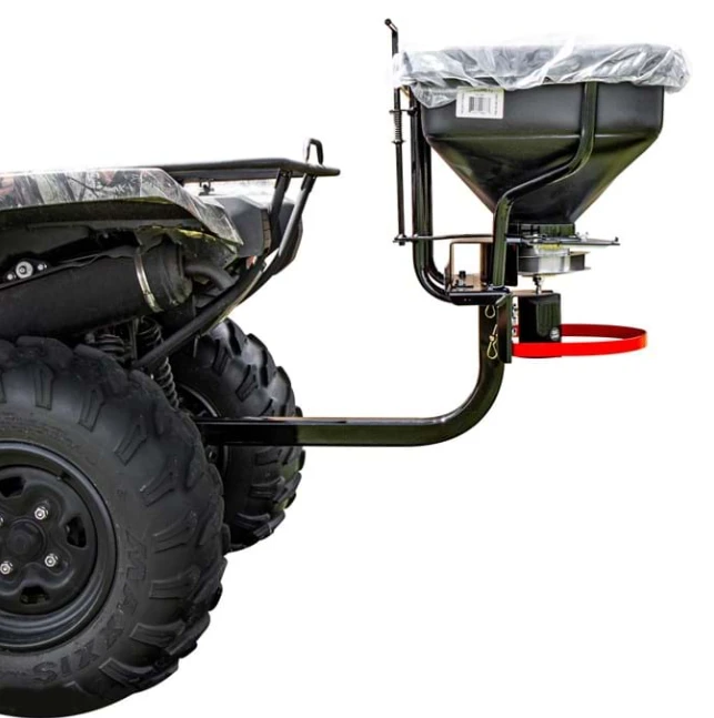Fimco 2.2 cu ft Dry Material Spreader for ATV/UTV with green frame, 2-in receiver mount, rain cover