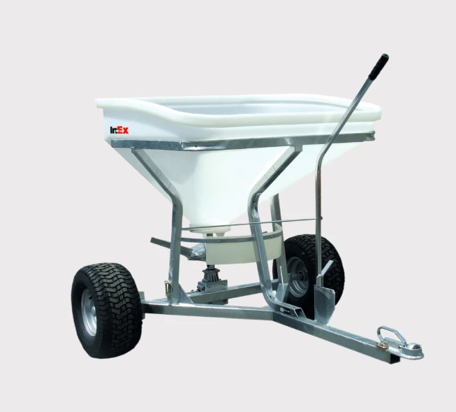 In-Ex 300 Fertiliser Spreader for ATV/UTV; white hopper, metal frame, dual wheels