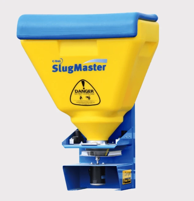 C-Dax SlugMaster SM75 agricultural spreader with yellow hopper and blue base