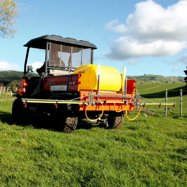 C-Dax 4m folding spray boom for ATV sprayer with yellow tank for precision weed control