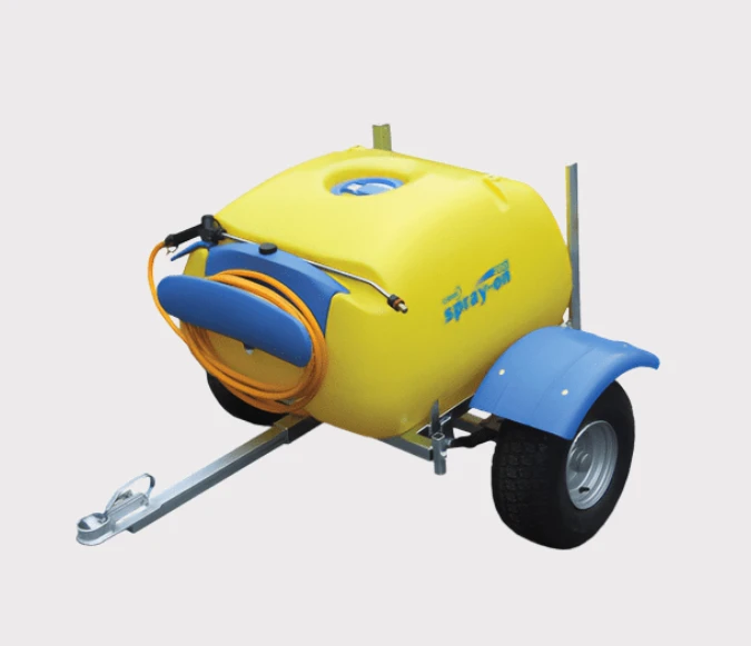 C-Dax SO200 Trailer Kit for Spray-On Sprayer; yellow tank on trailer with blue hose and blue fenders