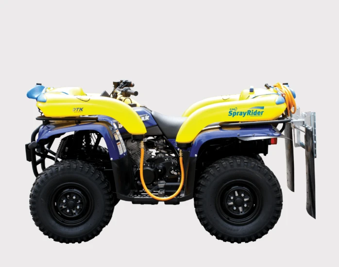 C-Dax SprayRider dual-tank sprayer on a yellow/blue ATV; two yellow 50L tanks connected with orange hose