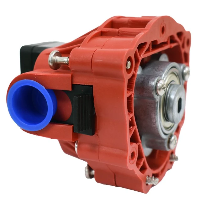 Fimco sprayer pump head 2.4 GPM with blue inlet/outlet, red housing, pressure switch