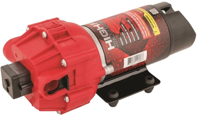 Fimco High-Flow 4.5 GPM diaphragm transfer pump, red housing with black motor and mounting base
