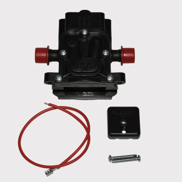 C-Dax Flojet Pump Head Kit LF12 for sprayers; 4-piece set with black head, red fittings, wire, screws.