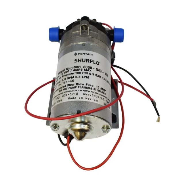 Shurflo 12V diaphragm sprayer pump for RV/caravan/boat use, 6.8 LPM, 60 PSI, external 1/2 in MPT fittings, red wires