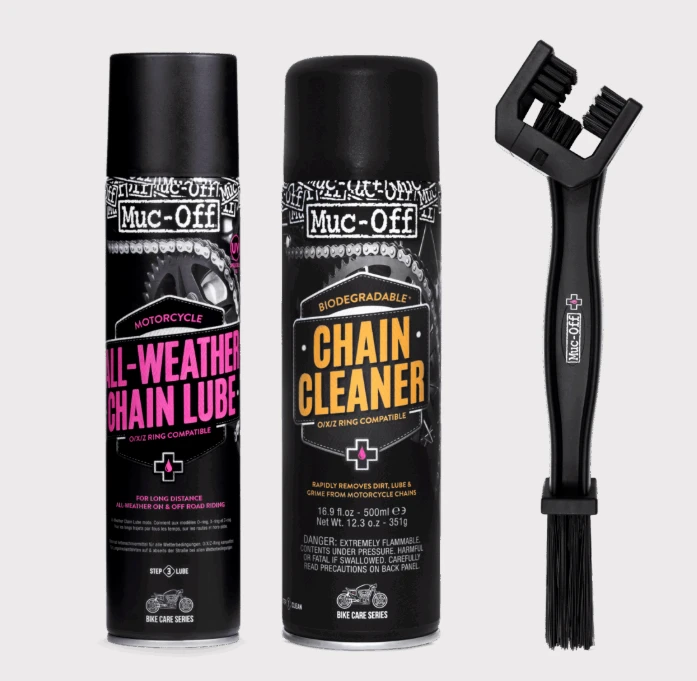 Muc-Off Motorcycle and ATV Chain Care Kit (3-piece) with all-weather chain lube, chain cleaner, and brush