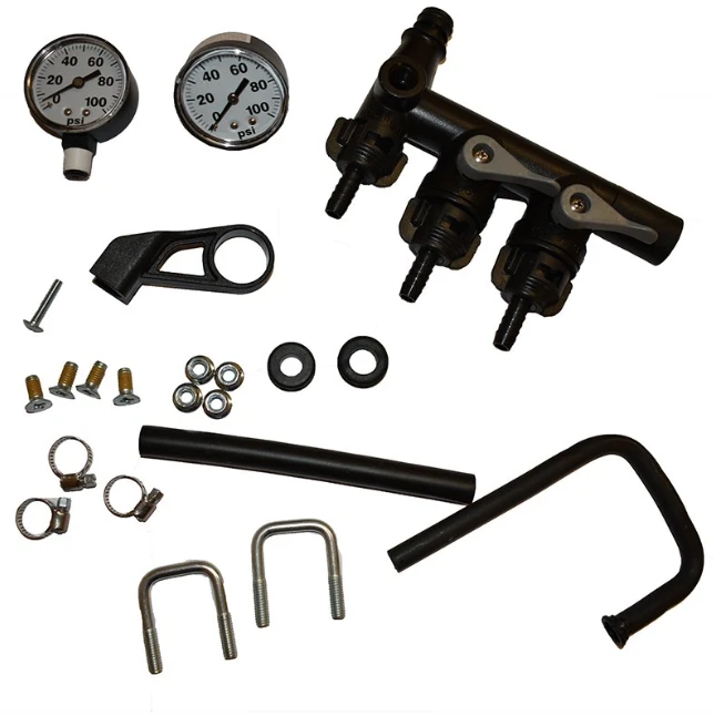 Fimco Manifold Parts Bag for BK500/700 sprayers, black manifold with metal fittings.