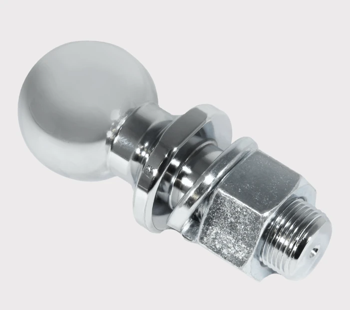 50mm chrome tow ball with 3/4 in shaft and threaded shank for 1 in trailer hitch; chrome-plated steel hitch ball