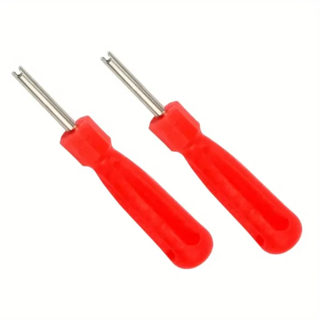 Two red-handled tyre valve repair tools for ATV use, valve core remover and cleaning tools