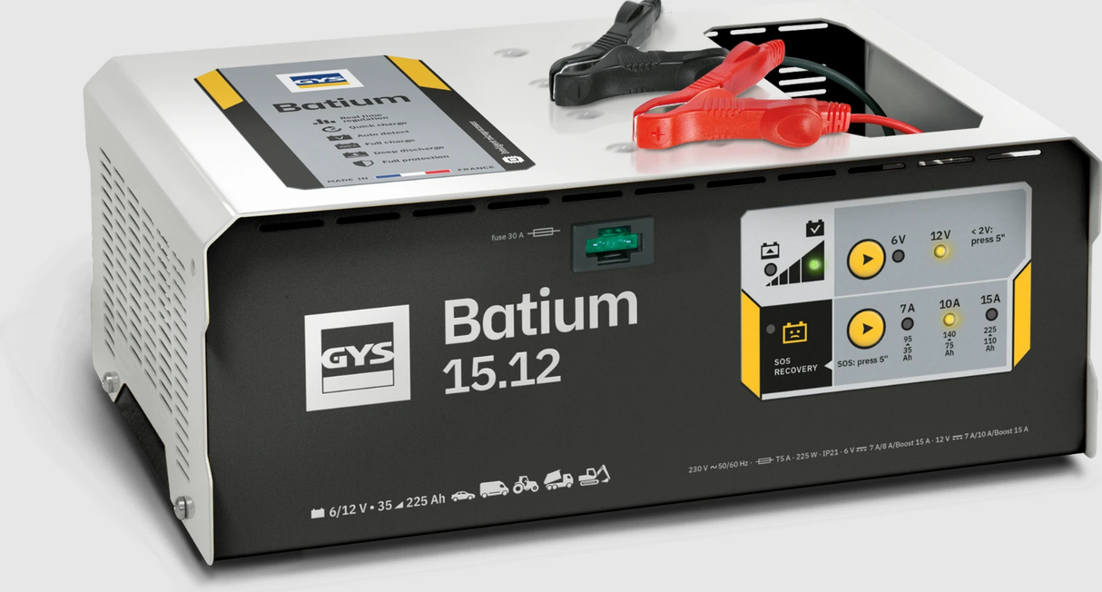 GYS Batium 15.12 automatic 12/24V vehicle battery charger with red and black clamp leads