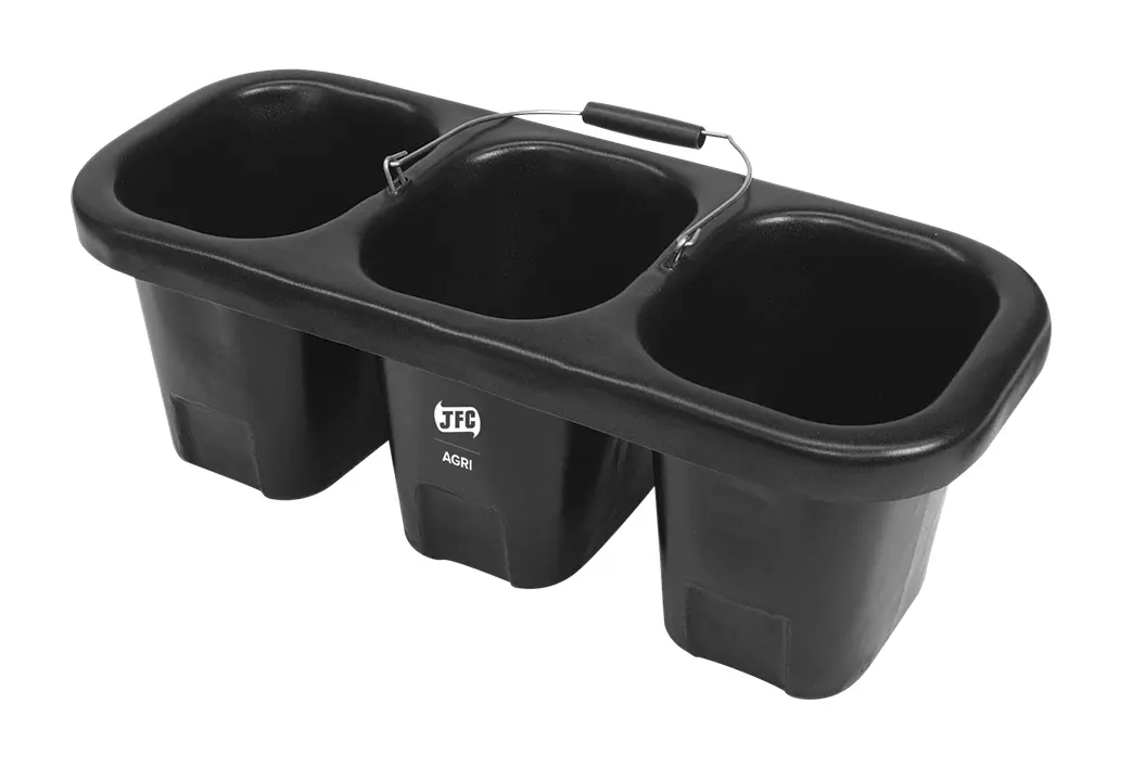 Multi Bucket Unbored MB1 triple-compartment feed bucket by JFC Agri, black plastic with carry handle.