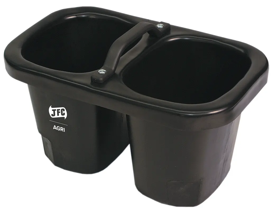 Double calf feeding bucket, black plastic dual-compartment with JFC Agri logo.