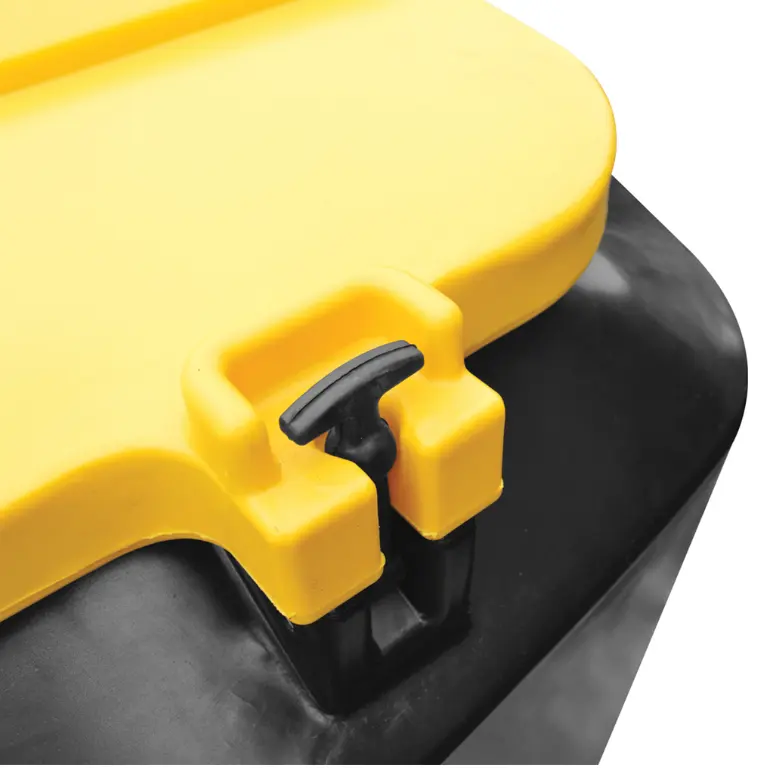Cubic Metre Meal Bin (CMB04) yellow lid with black latch by JFC Agri, a livestock feed storage bin.