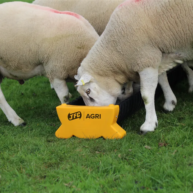 JFC Agri Corri feed trough, bright yellow 40L ground livestock feeder with sheep feeding from it.