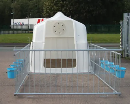 JFC Agri Super Calf Hutch White with 8 blue SB2 buckets, brackets and penning