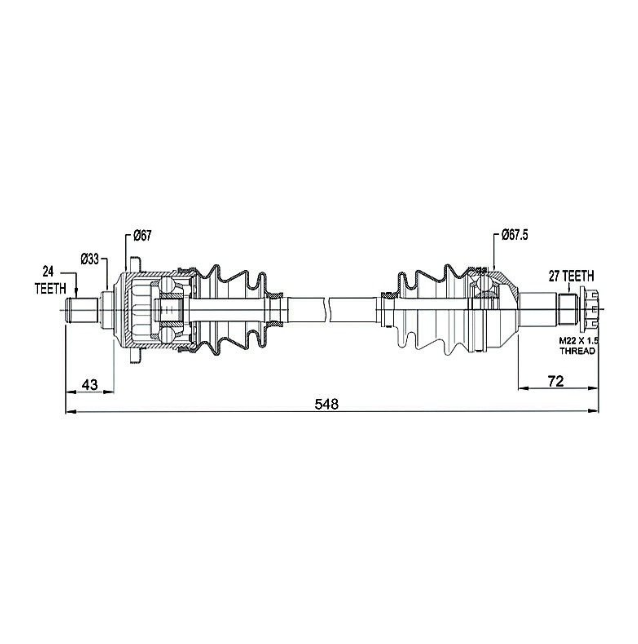 CV driveshaft front right-hand for Arctic Cat 400-1000 4x4; complete shaft, technical schematic diagram