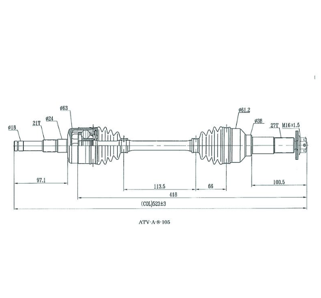 CV driveshaft rear right schematic with booted CV joints and length measurements