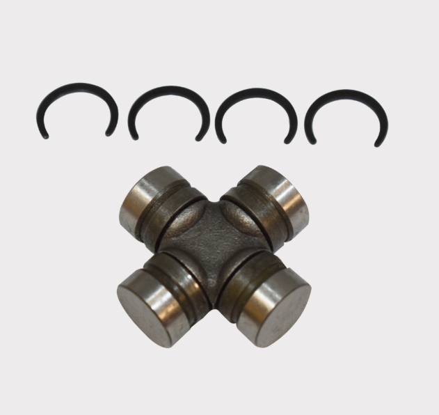 Universal joint cross for ATV drive shafts; four bearing caps and circlips.