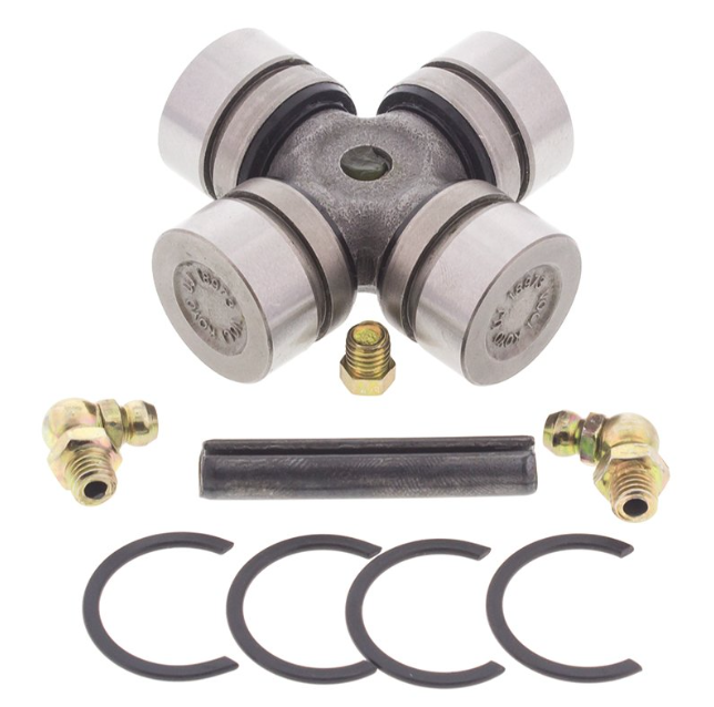 Universal joint drive shaft kit with cross yoke, four bearing caps and circlips