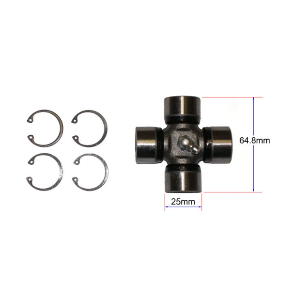 Universal joint cross for drive shafts with four end caps and six snap rings included.