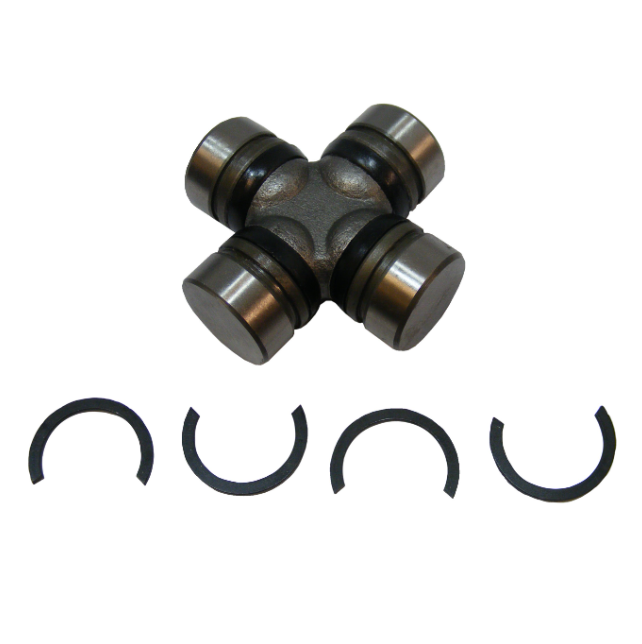 Universal joint cross with four bearing caps and four snap rings, metallic gray.
