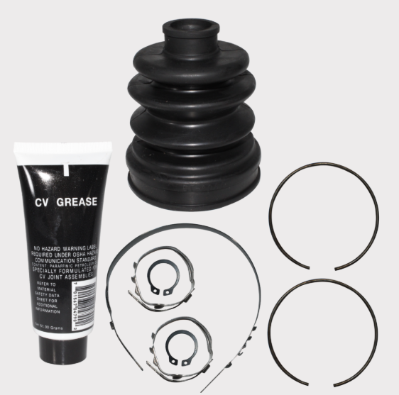 CV Boot Kit 5001 for ATV axles; black rubber boot with grease tube, clamps, and snap rings.