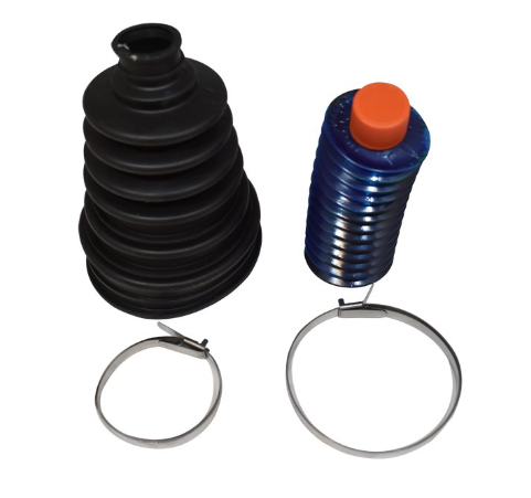 Universal CV Boot Kit for ATV City; black accordion CV boot, blue cap component with orange top, and two metal clamps