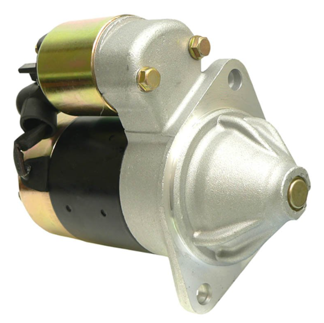 Starter motor for John Deere Gator; silver front housing with black body and mounting flange