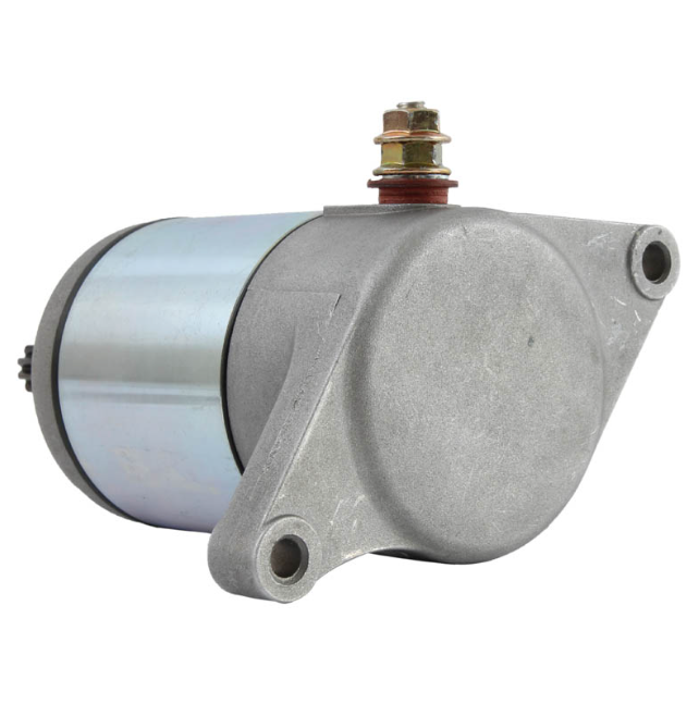 Starter motor for Arctic Cat, Suzuki, Kymco and Massey Ferguson; silver metal housing with mounting flange