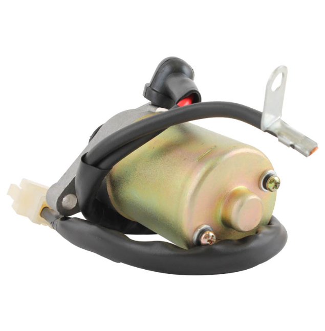 Bombardier DS90 Mini Starter Motor by ATV City, metallic housing with black wiring and white connector