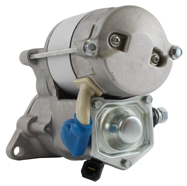 Starter motor, metallic silver finish with blue connector boot; ATV City brand, Kawasaki Mule compatibility.