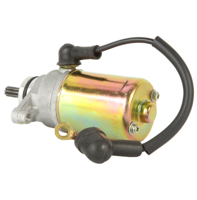 Starter motor for Yamaha ATV Badger/Grizzly/Moto-4/Raptor YFM50/80/100 (1985–2008); gold metal body, black wiring.