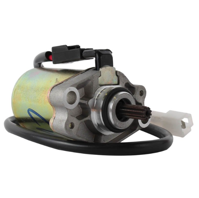 Starter motor for Suzuki LTZ50 by ATV City, metal housing with black wiring harness and white connector.