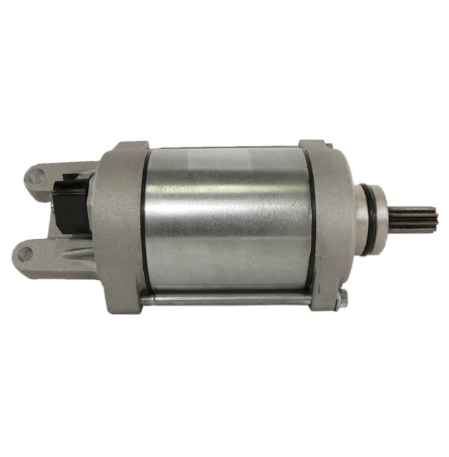 Starter motor for Honda TRX700XX (2008–2009); metallic silver body, black connector, and drive shaft gear