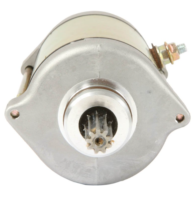 Starter motor for Kymco MXU 500 ATV with metal housing and gear pinion.