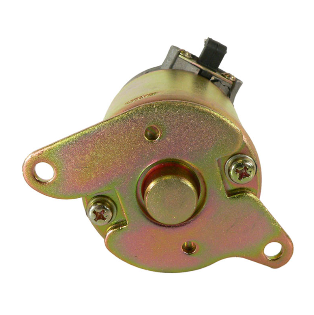 Starter motor with gold zinc-plated housing, mounting flange, and top electrical connector.