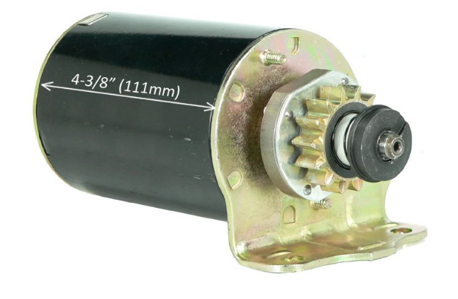 Starter motor for ATV City Briggs & Stratton engines, black cylindrical body with metal mounting flange and gear