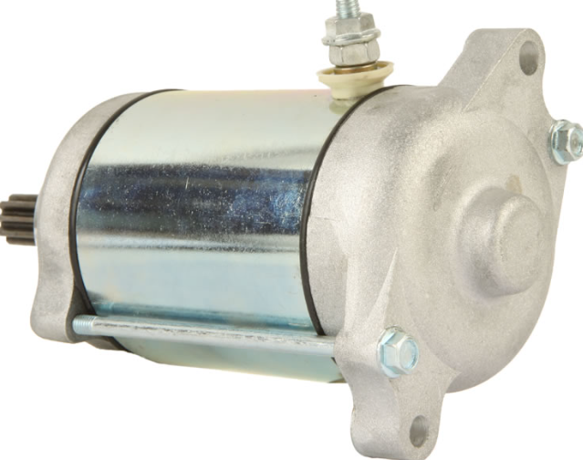 Starter motor ATV City, silver metal body with mounting flange and top terminal stud.