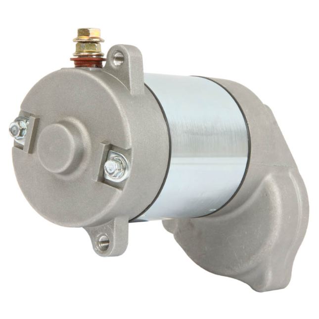 Starter motor by ATV City; gray metal body with mounting flange and bolts
