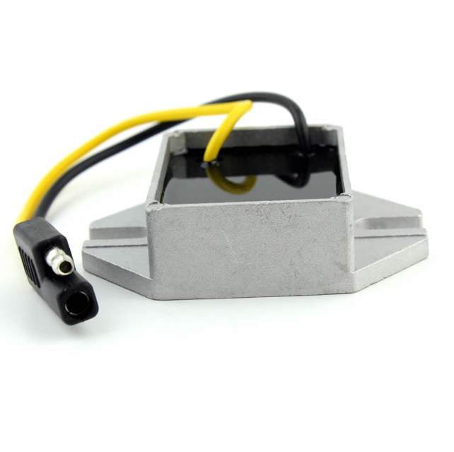 Regulator rectifier for Polaris snowmobiles, 2000–2015, by DGT Agri, silver housing with yellow and black wires.