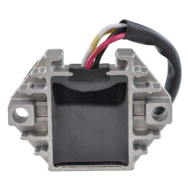 Regulator Rectifier for Yamaha YFZ450 ATV; silver aluminum housing with black rectifier block and multi-color wiring.