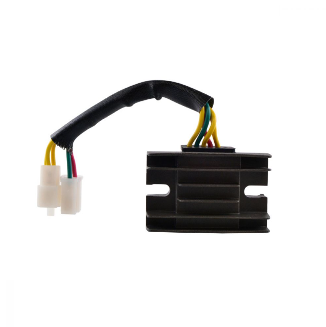 Regulator Rectifier for Suzuki ATVs featuring black aluminum heatsink and multi-colored wiring with white connectors.
