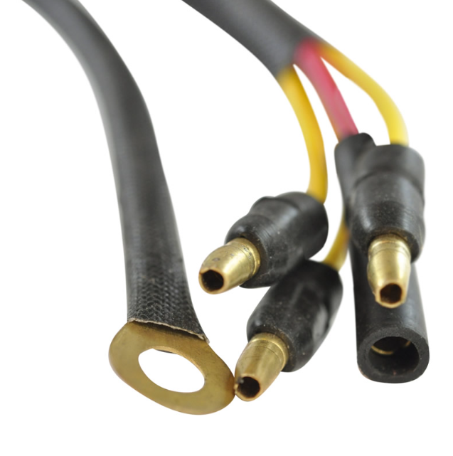 Regulator Rectifier wiring harness by DGT Agri for Suzuki ATVs, black cables with gold bullet terminals and ring lug