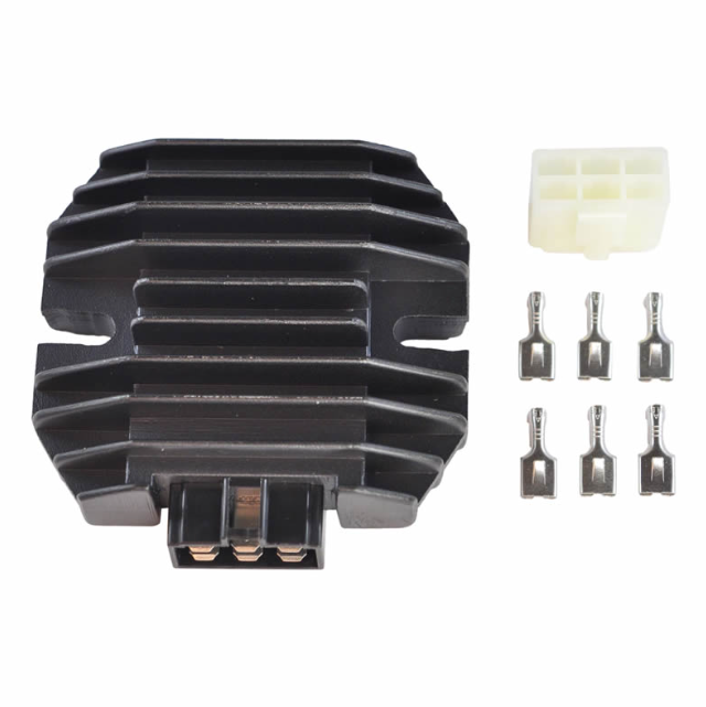 Regulator rectifier for Kawasaki ATVs; black finned aluminum unit with white 6-pin connector and six terminal blades