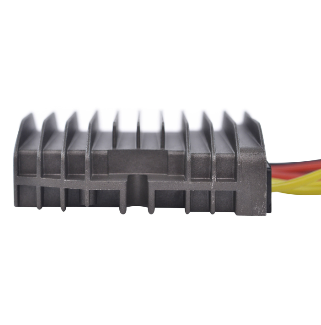 MOSFET regulator rectifier module with black heatsink and red/yellow power leads.