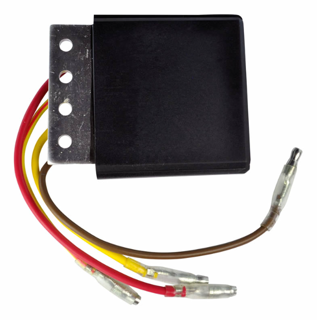Regulator rectifier module with red, yellow and brown lead wires and blade connectors