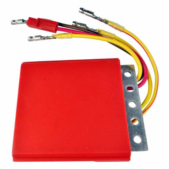 Regulator Rectifier module with red housing, metal mounting bracket, and yellow and red leads