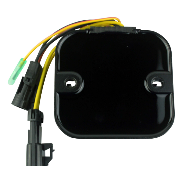 Regulator Rectifier MOSFET, black housing with yellow and black wires and connectors, ATV City voltage regulator