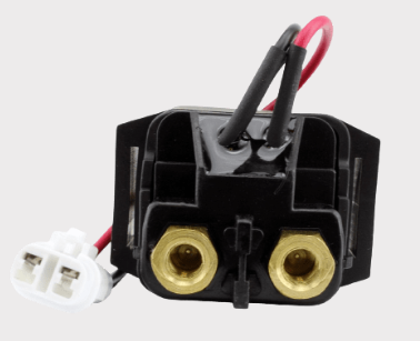 Starter relay solenoid for Yamaha YFM600 Grizzly ATV, black housing with red and black wires and white connector.